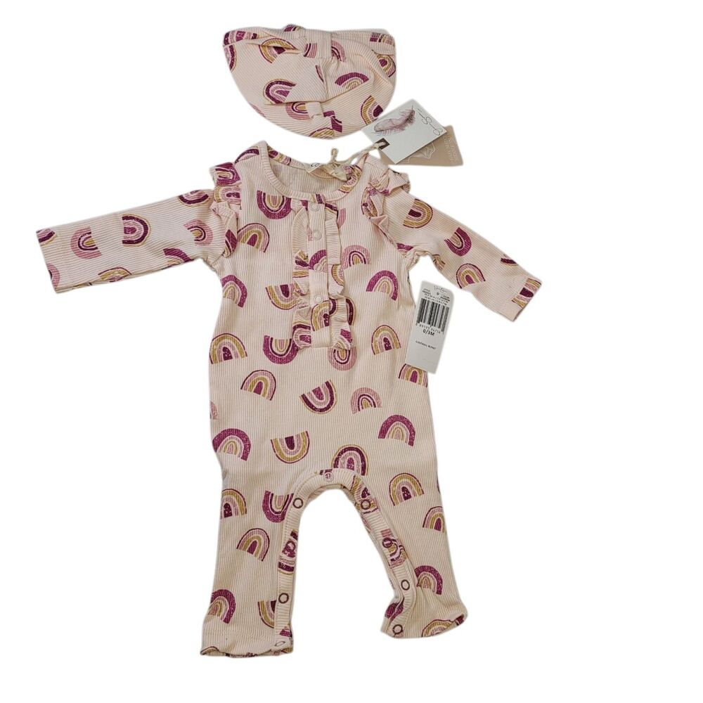 Jessica Simpson Baby Girl One Piece Rainbow Outfit + Matching Hat 0-3 Months